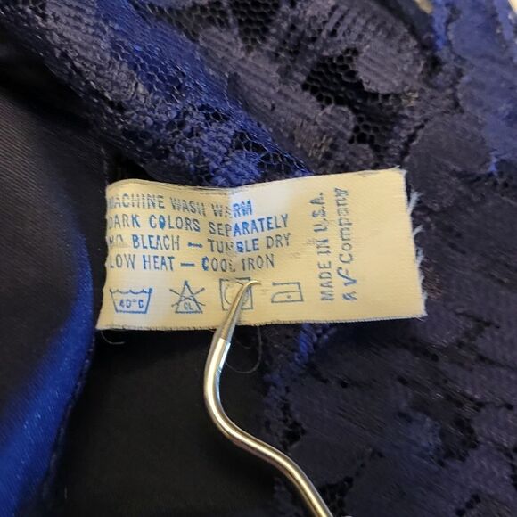 Vanity Fair Vintage Blue Satin Maxi Length Slip Dress Open Back Lace Panel Chest - Picture 12 of 13